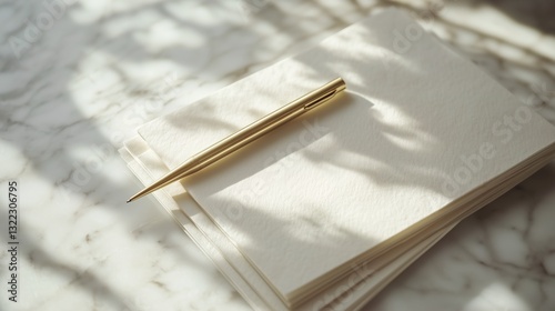 Golden pen on an open notebook with soft shadows and natural lighting on a marble surface