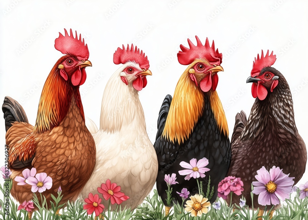 Naklejka premium Vibrant Roosters in the Meadow: A quartet of proud roosters with fiery red combs and diverse plumage stands in a vibrant meadow, encircled by a riot of wildflowers.
