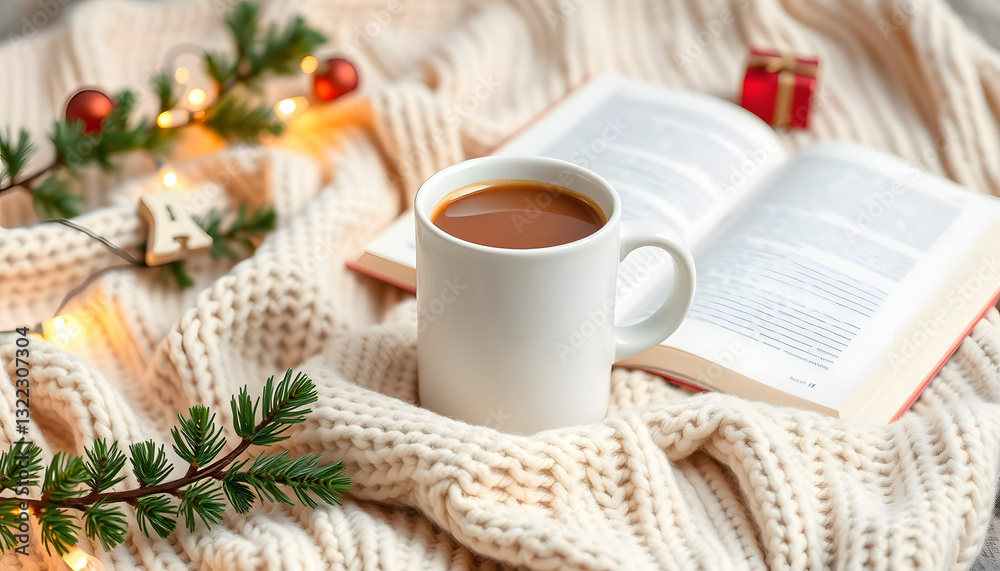 White mug mockup with blank copy space. Coffee cup on a beige knited background with opened book and christmas garland lights, cozy winter day at hugge home, pop-art. White tone White mug mockup with blank copy space. Coffee cup on a beige knited background with opened book and christmas garland lights, cozy winter day at hugge home, pop-art. White tone