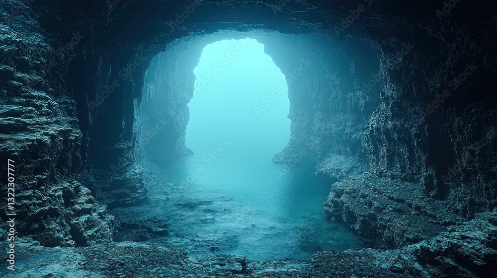 Underwater cave entrance with blue light. Underwater cave entrance with blue light.