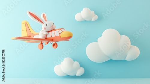 Cute bunny flies in a small plane among fluffy clouds.  A whimsical scene of joy and freedom