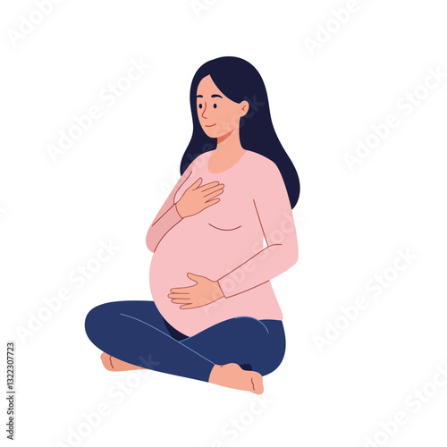 Pregnant woman sitting peacefully in minimal flat design vector illustration