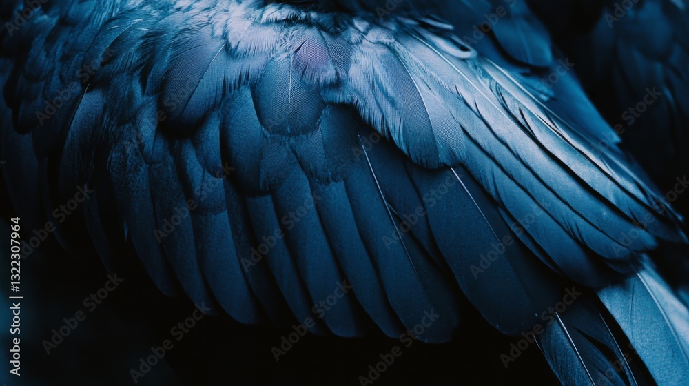Fototapeta premium Detailed view of overlapping dark blue feathers, emphasizing their rich textures and nuanced shades in natural light.