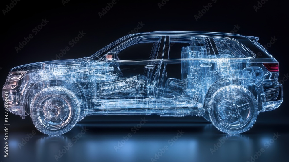 Naklejka premium A meticulously rendered 3D illustration unveils the intricate workings of an SUV, its exterior exposed through a transparent 