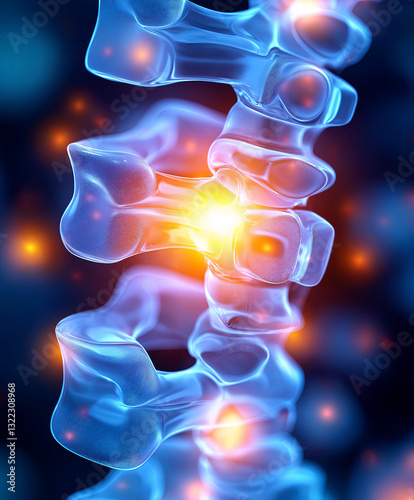 Spinal health and pain management. Digital medical illustration of back pain. Transparent vertebrae with neural inflammation