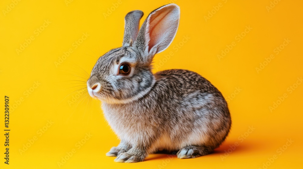 Fototapeta premium Cute grey bunny rabbit sitting on yellow background.