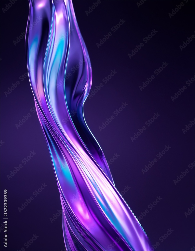 Naklejka premium Abstract fluid holographic iridescent purple curved wave on a dark background, 3D render. A gradient design element perfect for backgrounds, wallpapers, posters, and covers.