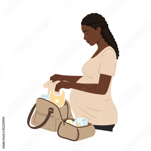 Pregnant woman organizing her diaper bag in flat vector illustration
