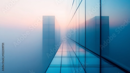 Endless reflections on sleek, modern glass architecture blend with the foggy atmosphere, creating an abstract interplay of lines and light at dawn.