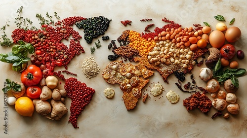 A generative world food map with traditional dishes from countries across the globe highlighting culinary diversity