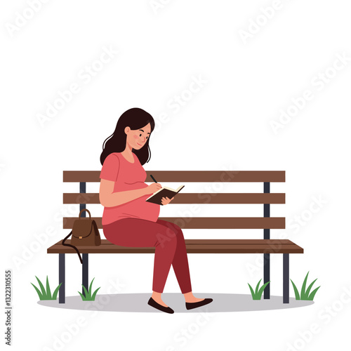 Pregnant woman reading book on a bench in flat vector illustration