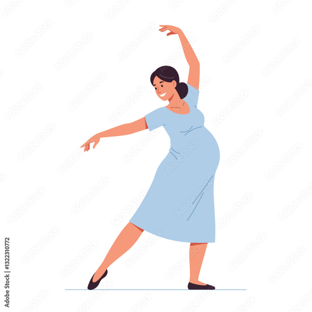 Obraz premium Pregnant woman dancing joyfully in a blue dress, flat vector art illustration