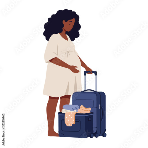 Pregnant woman preparing to travel with suitcase in flat vector illustration