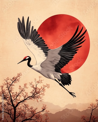 Crane in Flight: A stunning artistic illustration of a crane soaring gracefully against a vibrant red sun, evoking the tranquility and beauty of nature with a touch of traditional artistic flair.