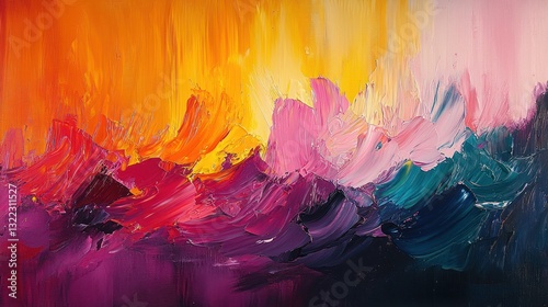 Vibrant abstract painting with orange, pink, purple, and blue hues, thick texture.