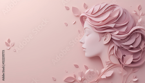 A beautiful, stylized, profile view of a woman's head and shoulders, rendered in a delicate, soft pink and light purple palette.