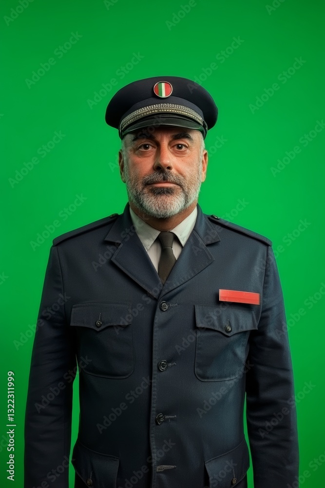 A realistic waist up shot of a big 40 year old male Italian train ticket inspector looking straight into the camera A realistic waist up shot of a big 40 year old male Italian train ticket inspector looking straight into the camera