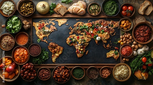 Fototapeta Naklejka Na Ścianę i Meble -  A world map with diverse international dishes arranged in a way that showcases the multicultural essence of global gastronomy