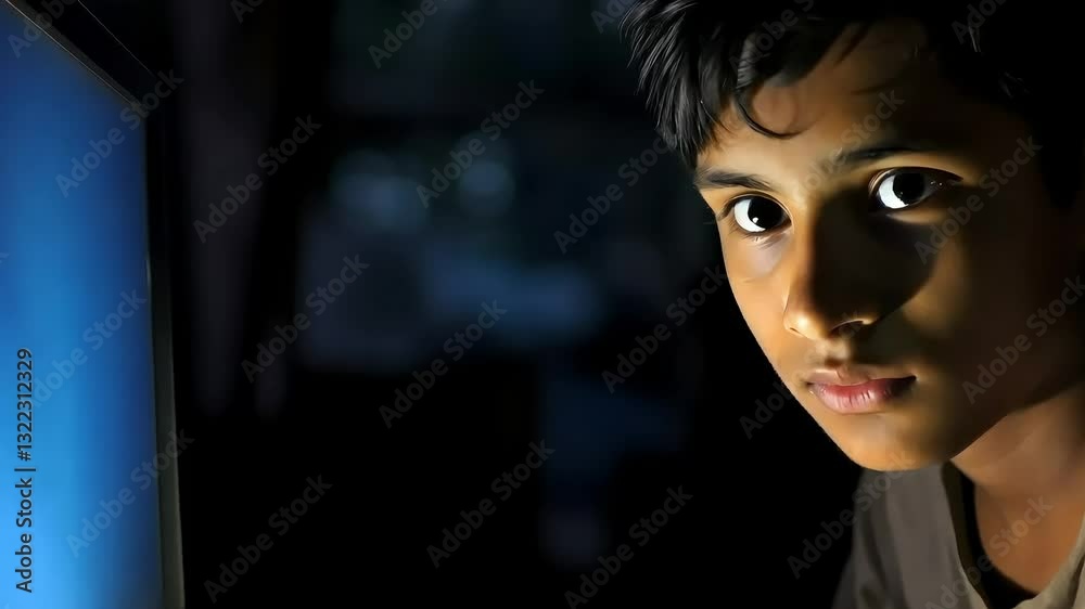 Young boy watching computer screen in dark room Young boy watching computer screen in dark room