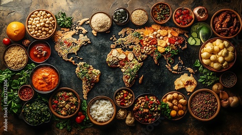 Fototapeta Naklejka Na Ścianę i Meble -  A world map with diverse international dishes arranged in a way that showcases the multicultural essence of global gastronomy