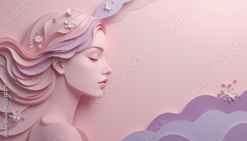 A digitally rendered image of a woman's profile, featuring a serene expression and hair styled in soft, pastel pink and lavender paper-cut waves adorned with delicate white flowers.