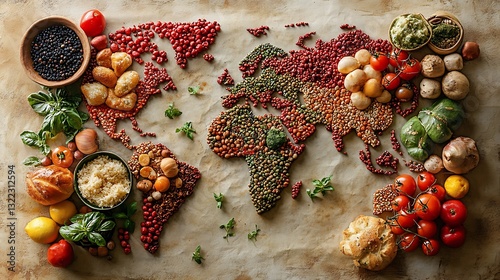 Fototapeta Naklejka Na Ścianę i Meble -  A world map with diverse international dishes arranged in a way that showcases the multicultural essence of global gastronomy