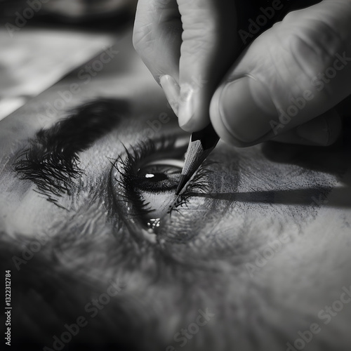 Black and White Pencil Drawing: Realistic Eye Sketch with Detailed Artistic Expression in Fine Art Illustration photo