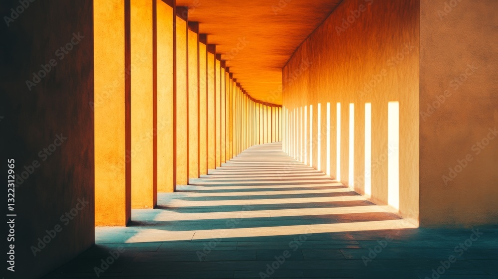 Fototapeta premium A corridor with warm orange light casts dramatic shadows through a series of open architectural frames, leading towards the horizon.