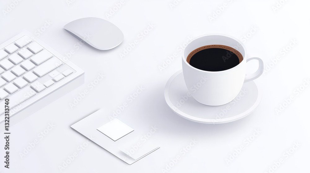Organized workspace with neatly arranged sticky notes and coffee cup in a structured isometric digital illustration. Business office concept Organized workspace with neatly arranged sticky notes and coffee cup in a structured isometric digital illustration. Business office concept