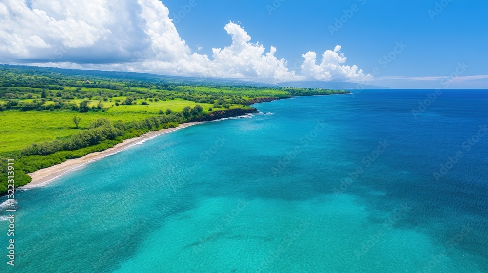 Obraz premium Pristine coastline embraces lush green forest in vibrant tropical paradise