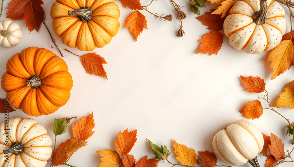 Fototapeta premium Flat lay with handmade painted gypsum pumpkins and copy space. Autumn holidays, thanksgiving, halloween geeting card, invitation mockup, photo. White tone