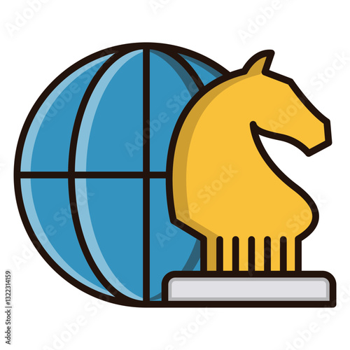 Global Strategic Planning Symbolized By A Knight Chess Piece On A World Globe, Showcasing Ambition And Calculated Moves In A Vibrant, Bold Style