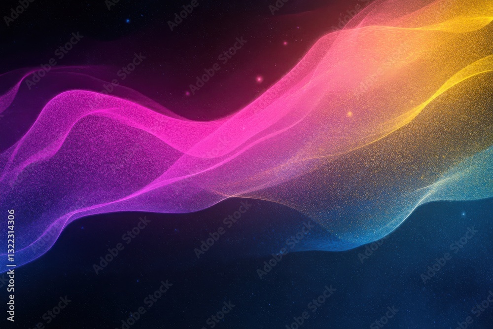 Obraz premium Grainy blue, pink, and yellow gradient background with glowing color wave on black dark backdrop