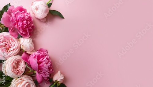 Wallpaper Mural Peonies, roses on pink background with copy space. Abstract natural floral frame layout with Torontodigital.ca