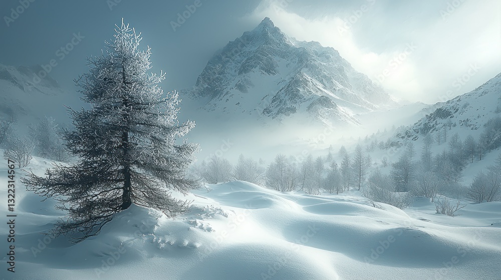 Obraz premium Frosty winter landscape with snow-covered mountains and trees.