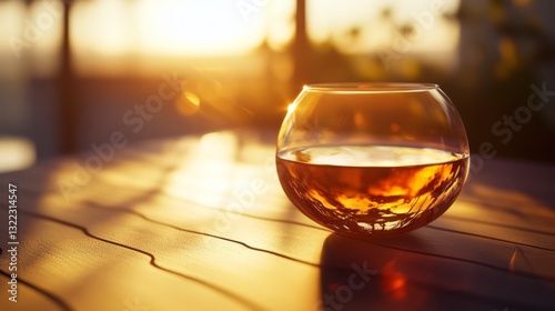 A round glass filled with amber liquid sits on a table, illuminated by the rich, warm hues of a sunset, creating a serene, reflective moment.