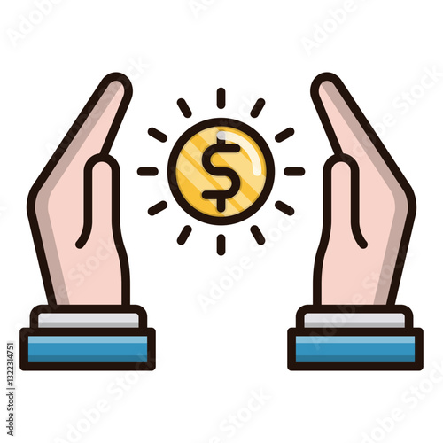 Secure Financial Future Glowing Bright, Symbolized By Two Hands Protectively Cradling A Golden Dollar Coin In A Vibrant, Cartoonish Style