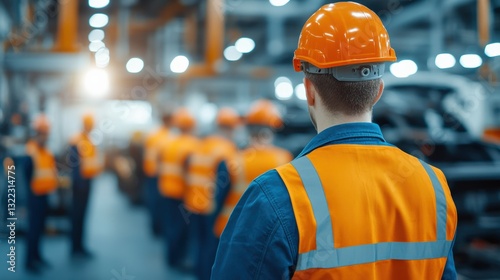Engineer supervising assembly line of electric vehicles in modern factory
