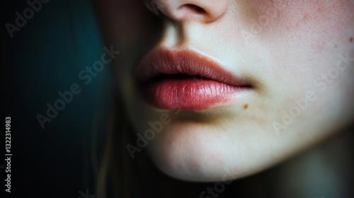 A close-up on soft lips reflects sensuous sheen and natural texture, shrouded in warm light and mystery.