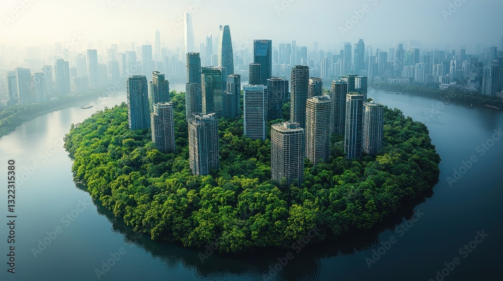 Obraz premium Urban oasis skyscrapers surrounded by lush greenery on an island.