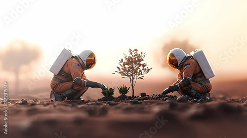 Two Pixel Art Astronauts Planting Trees On Mars During Sunset In A Terraforming Mission