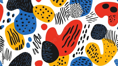   A lively abstract image featuring black, red, yellow, and blue forms against a white backdrop, adorned with black specks