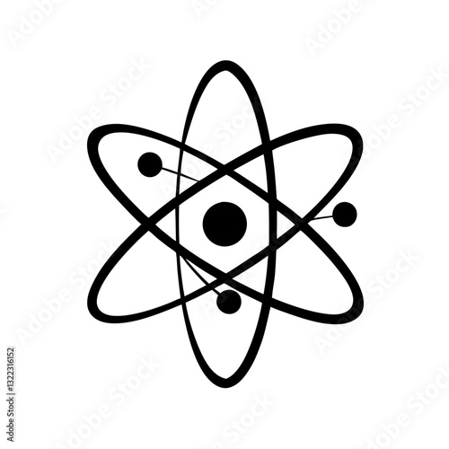 Black atomic structure icon with three orbiting electrons on white background