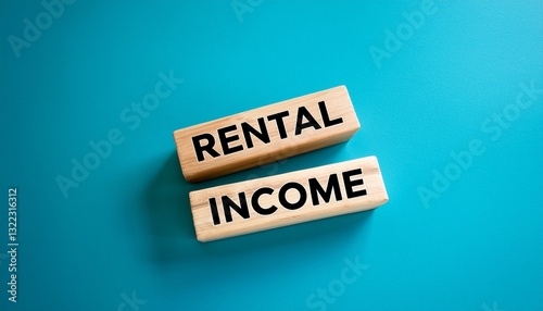  Wooden blocks conveying a rental income message against a blue background creating a symbol