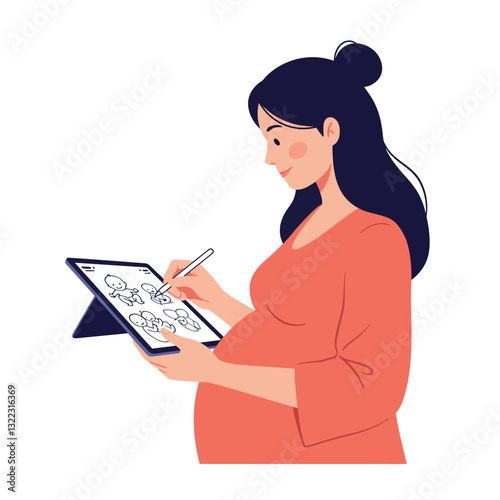 Pregnant woman drawing on tablet in flat style vector illustration