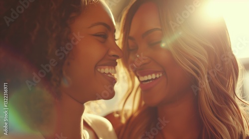 Two people smiling and embracing each other warmly, creating a moment filled with affection and happiness in soft sunlight