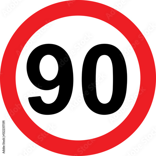 Road Speed Limit 90 ninety Sign. Generic speed limit sign with black number and red circle. Vector illustration