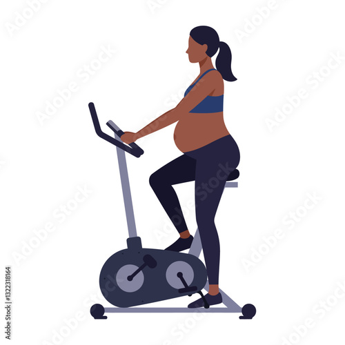 Pregnant woman exercising on stationary bike in minimal flat vector illustration