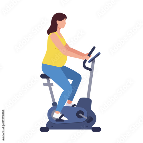 Pregnant woman exercising on a stationary bike in flat vector art
