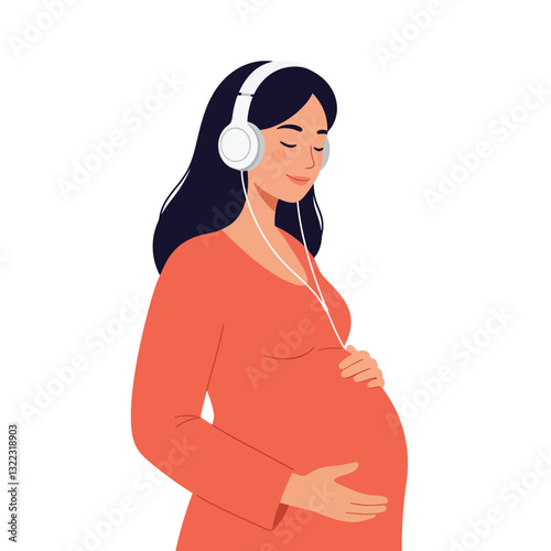 Pregnant woman listening to music with headphones in flat vector art
